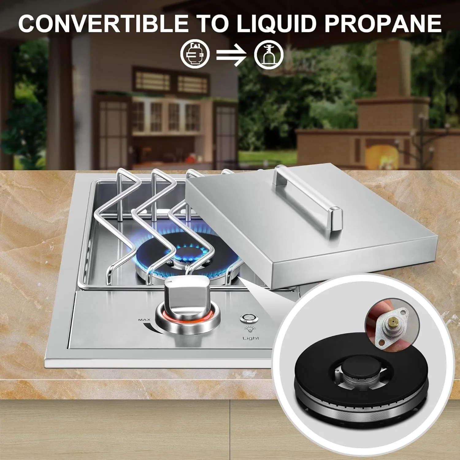 Single Grilling Side Burners for Outdoor Grill, 15,000BTU Natural Gas Side Burner, Sturdy 304 Stainless Steel, with Liquid Propane Kit, Drop-in Side Burner for Outdoor Kitchen BBQ Island