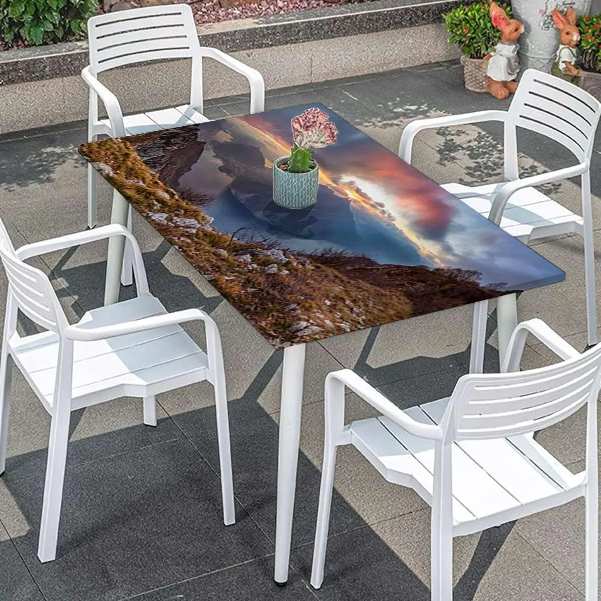 Slate Blue Orange Fitted Tablecloth Mountain Range with Creek Art Picnic Fitted Tablecloth Rectangle Table Cover Aerial View Fits up 5 Foot Tables