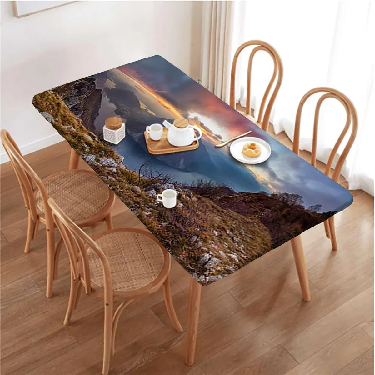Slate Blue Orange Fitted Tablecloth Mountain Range with Creek Art Picnic Fitted Tablecloth Rectangle Table Cover Aerial View Fits up 5 Foot Tables