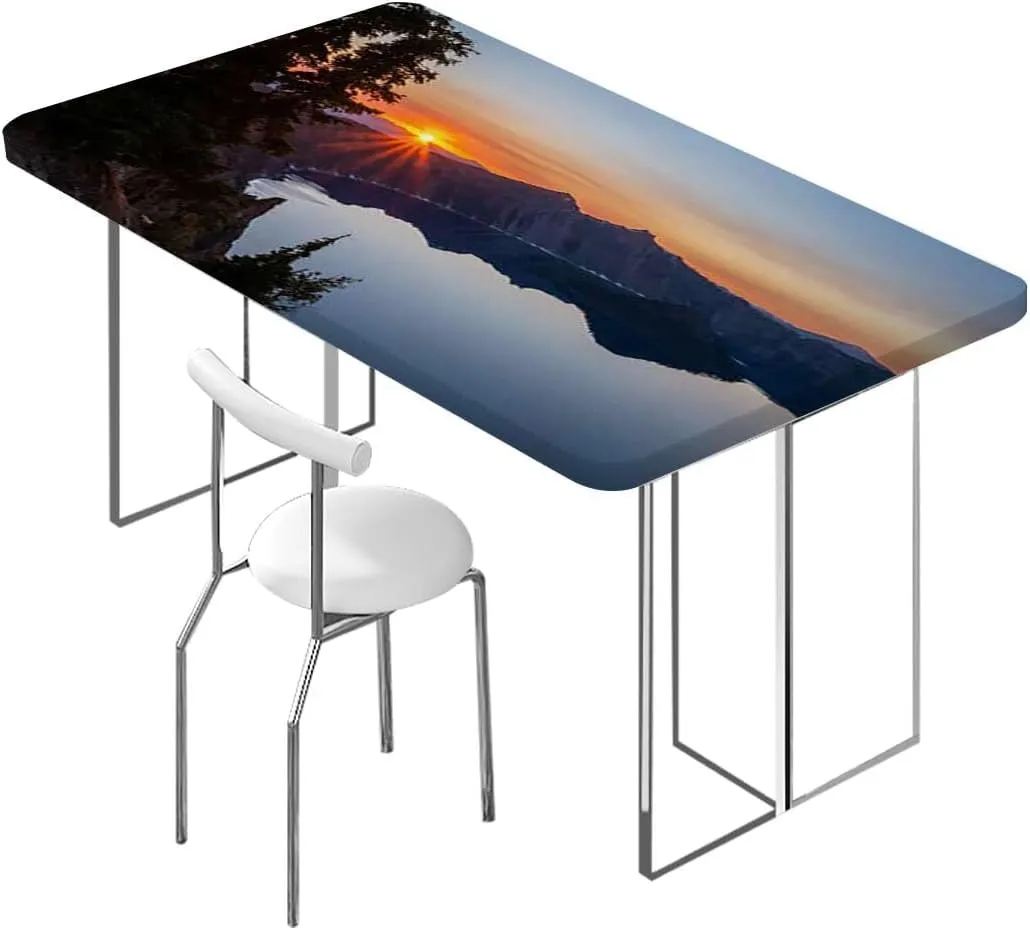 Slate Blue Orange Rectangle Tablecloth, Mountain Range with Creek Art Rectangle Table Cover for Outdoor Picnic Camping Parties Aerial View Fits up 5 Foot Tables