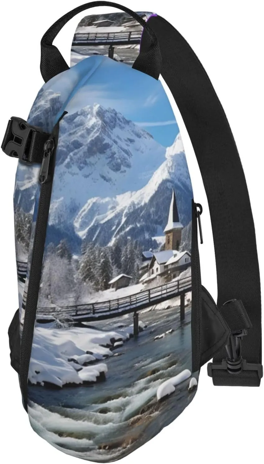 Sling Bag for Women Men Shoulder Bag Winter X-mas Chest Bag Travel Fanny Pack Lightweight Casual Daypack, Winter Landscape in the Bavarian Alps, One Size