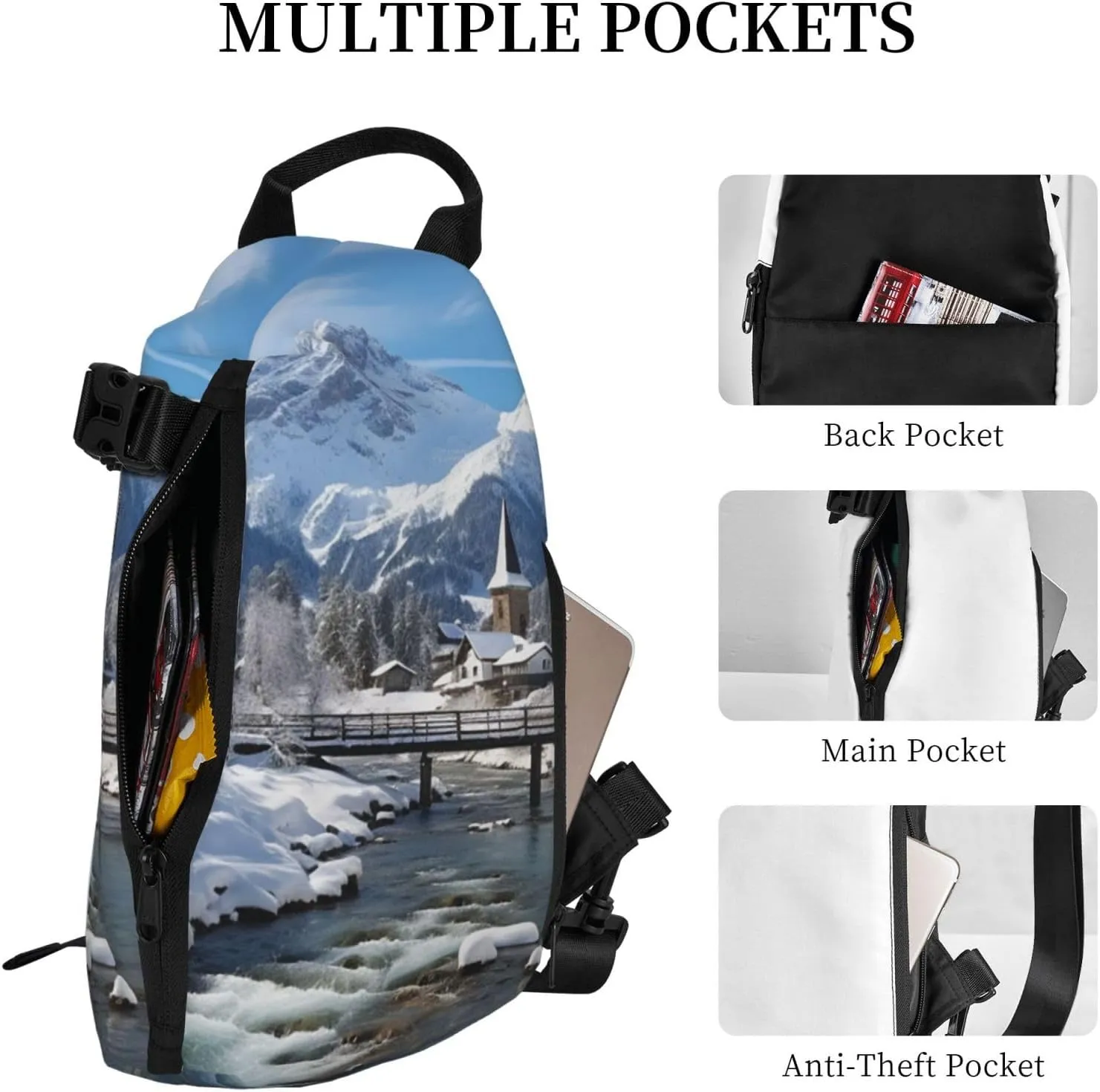 Sling Bag for Women Men Shoulder Bag Winter X-mas Chest Bag Travel Fanny Pack Lightweight Casual Daypack, Winter Landscape in the Bavarian Alps, One Size