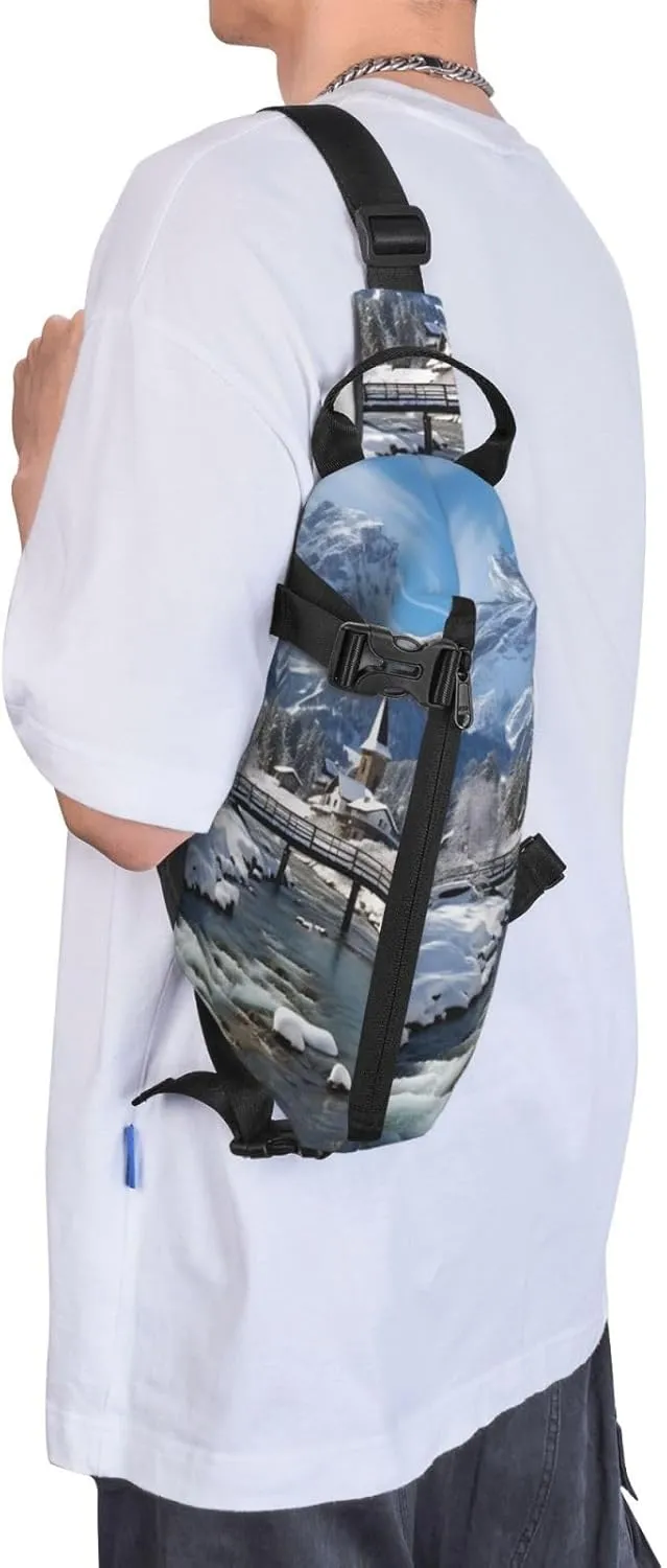 Sling Bag for Women Men Shoulder Bag Winter X-mas Chest Bag Travel Fanny Pack Lightweight Casual Daypack, Winter Landscape in the Bavarian Alps, One Size
