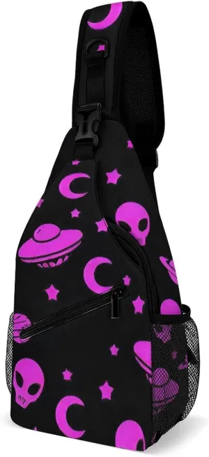 Sling Shoulder Backpack for Women Men Multipurpose Anti-Theft Casual Carrying Tote Case Crossbody Travel Bag Tactical Satchel, Alien Funny Spaceships Planet Art Rucksack