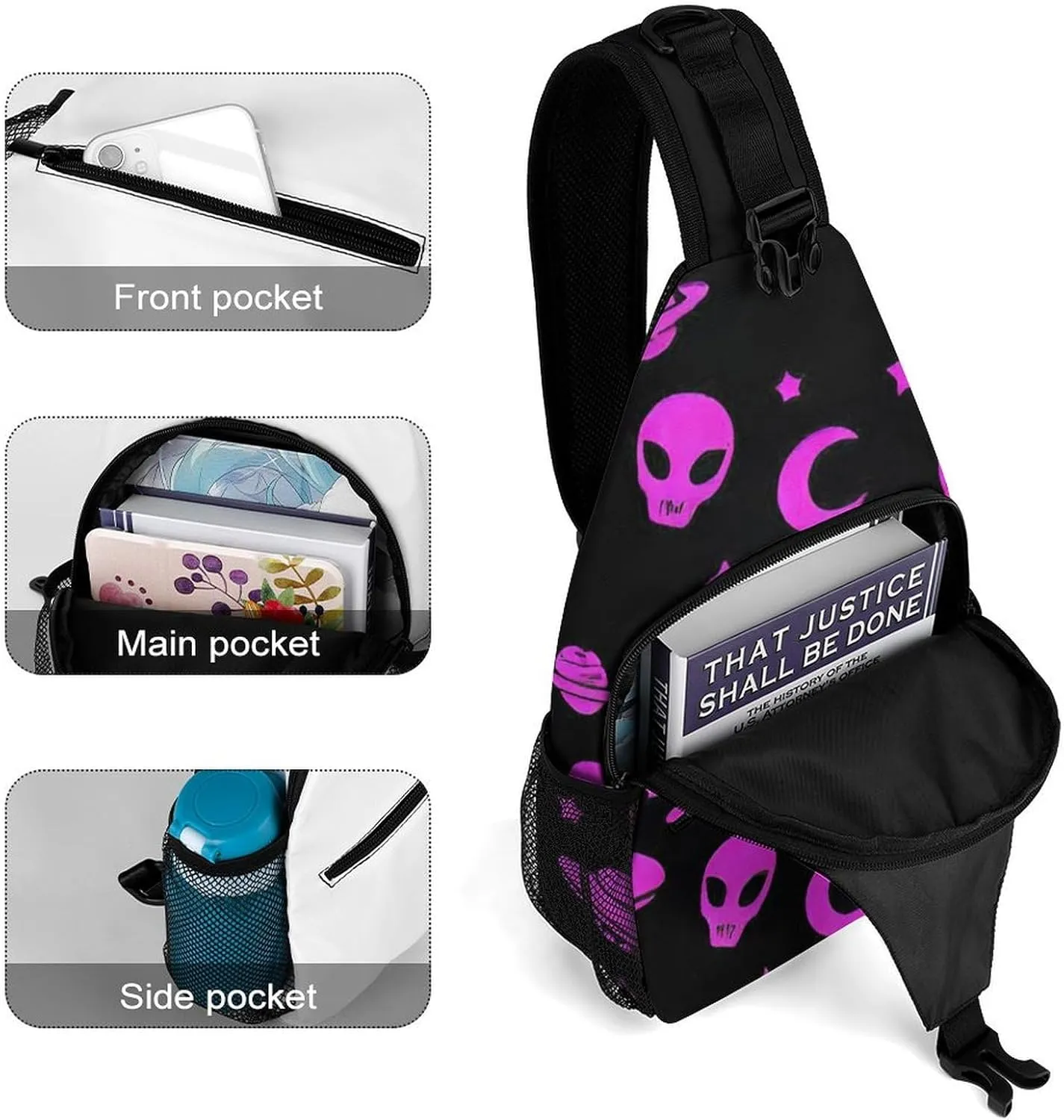 Sling Shoulder Backpack for Women Men Multipurpose Anti-Theft Casual Carrying Tote Case Crossbody Travel Bag Tactical Satchel, Alien Funny Spaceships Planet Art Rucksack