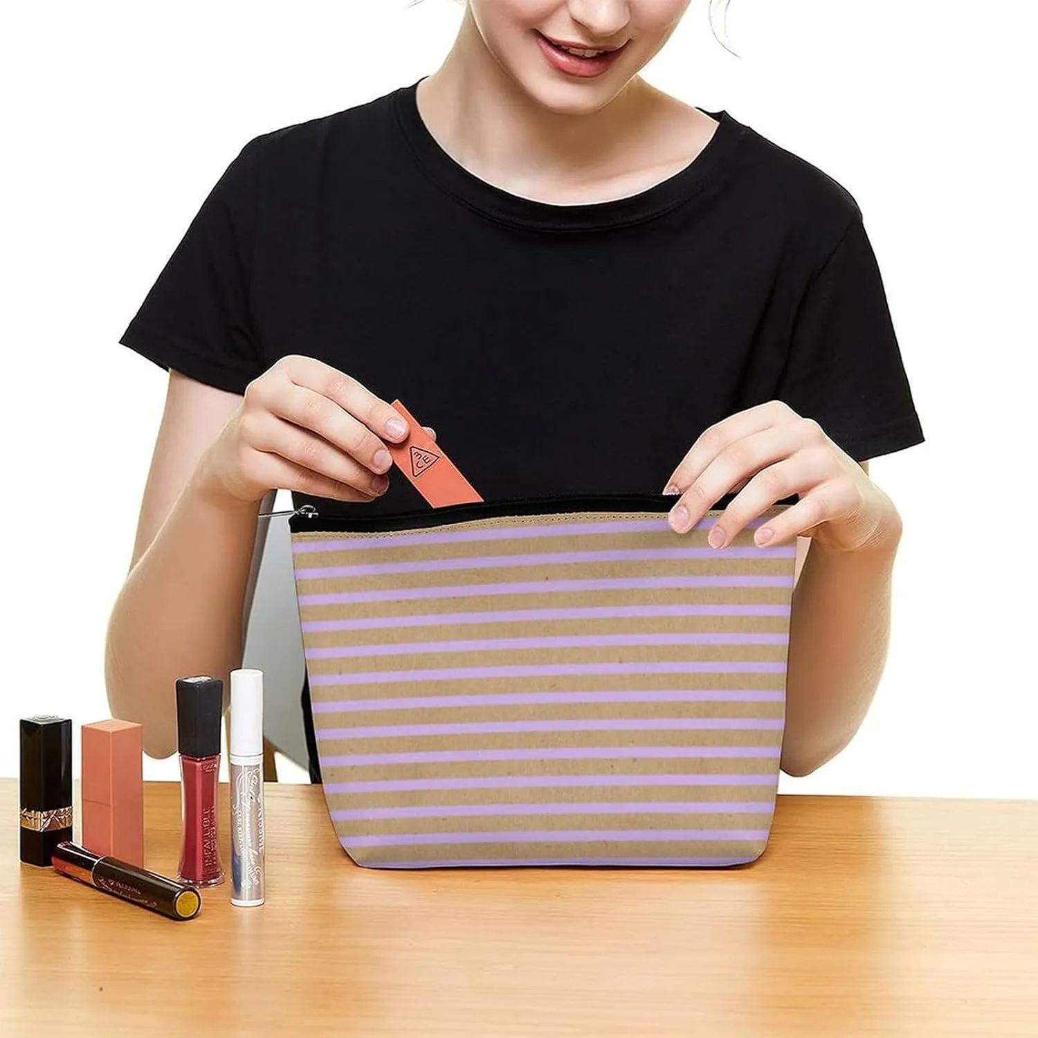 Small Cosmetic Bag, Lavender Violet Purple Lines Faux Rustic Makeup Bags Elegant Roomy Pouch for Women,Travel Toiletry Accessories Organizer
