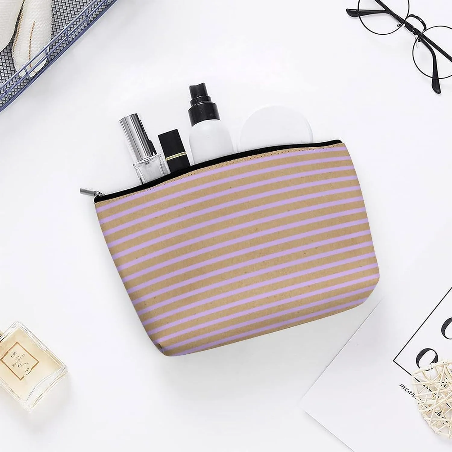 Small Cosmetic Bag, Lavender Violet Purple Lines Faux Rustic Makeup Bags Elegant Roomy Pouch for Women,Travel Toiletry Accessories Organizer