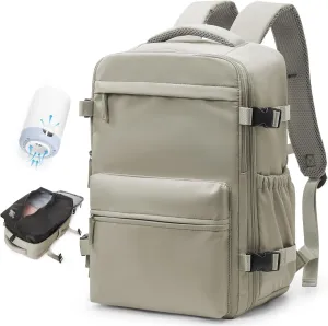 Small Vacuum Travel Backpack with Pump for Women,Airback Personal Item Carry on Backpacks Flight Approved 18x14x8 inches for Men,Laptop Waterproof Work Compression bags Casual Daypack,GreyBrown