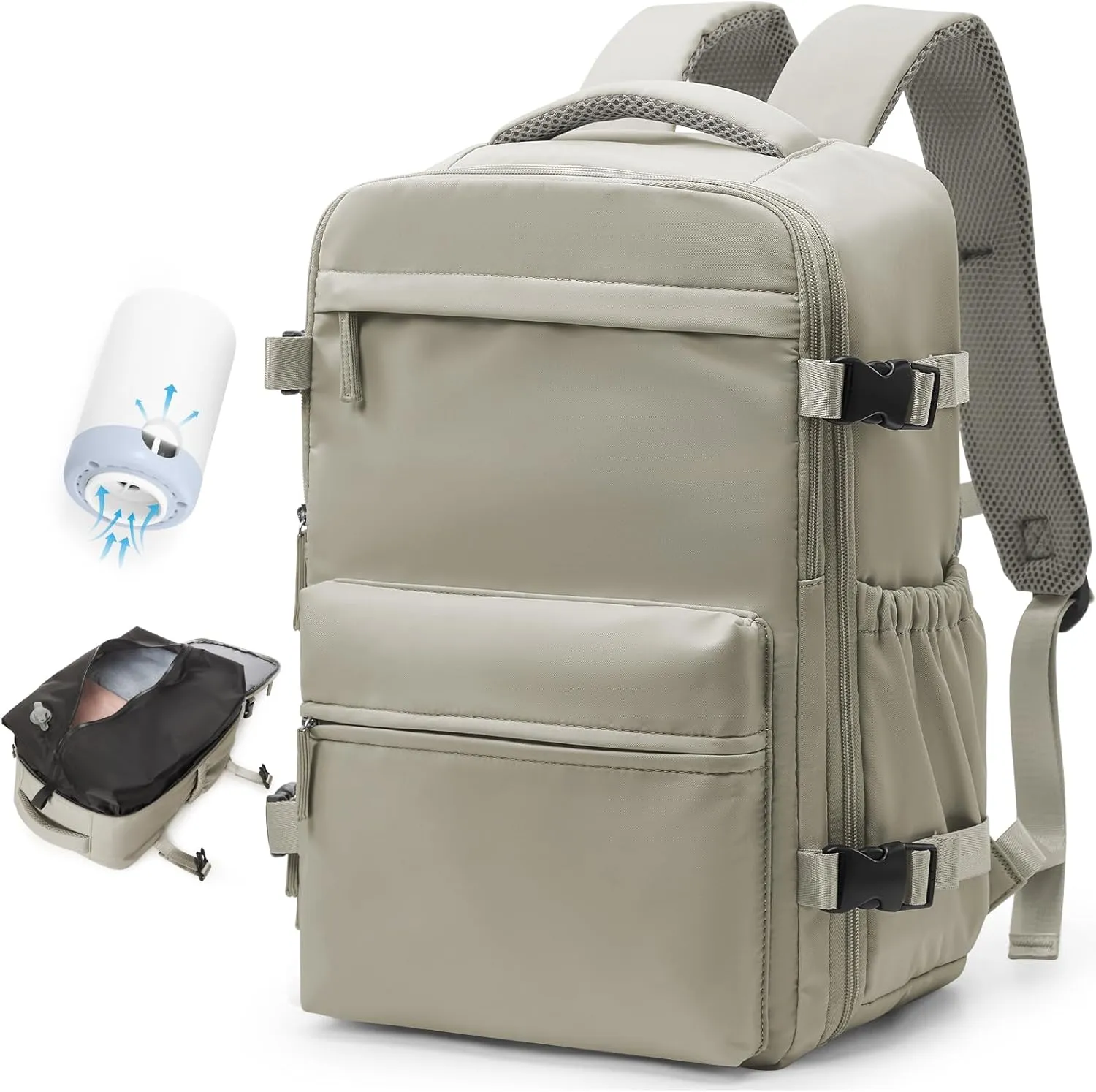 Small Vacuum Travel Backpack with Pump for Women,Airback Personal Item Carry on Backpacks Flight Approved 18x14x8 inches for Men,Laptop Waterproof Work Compression bags Casual Daypack,GreyBrown