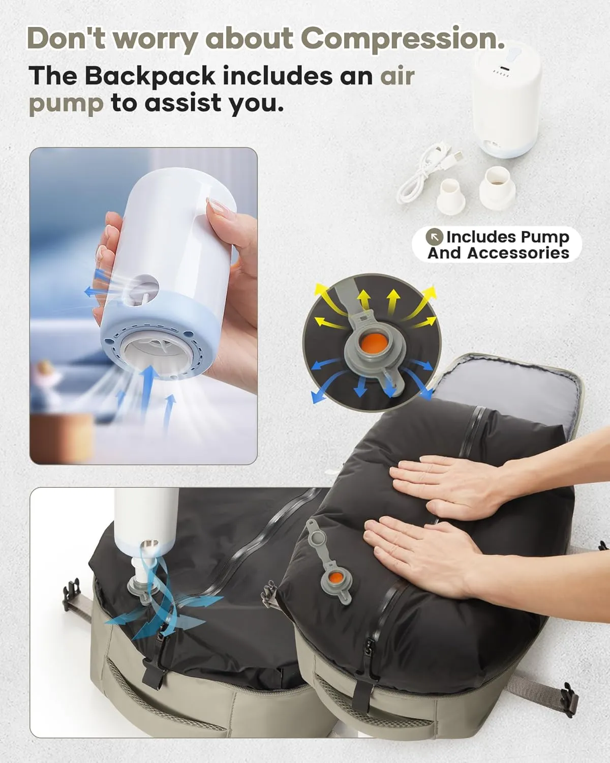 Small Vacuum Travel Backpack with Pump for Women,Airback Personal Item Carry on Backpacks Flight Approved 18x14x8 inches for Men,Laptop Waterproof Work Compression bags Casual Daypack,GreyBrown