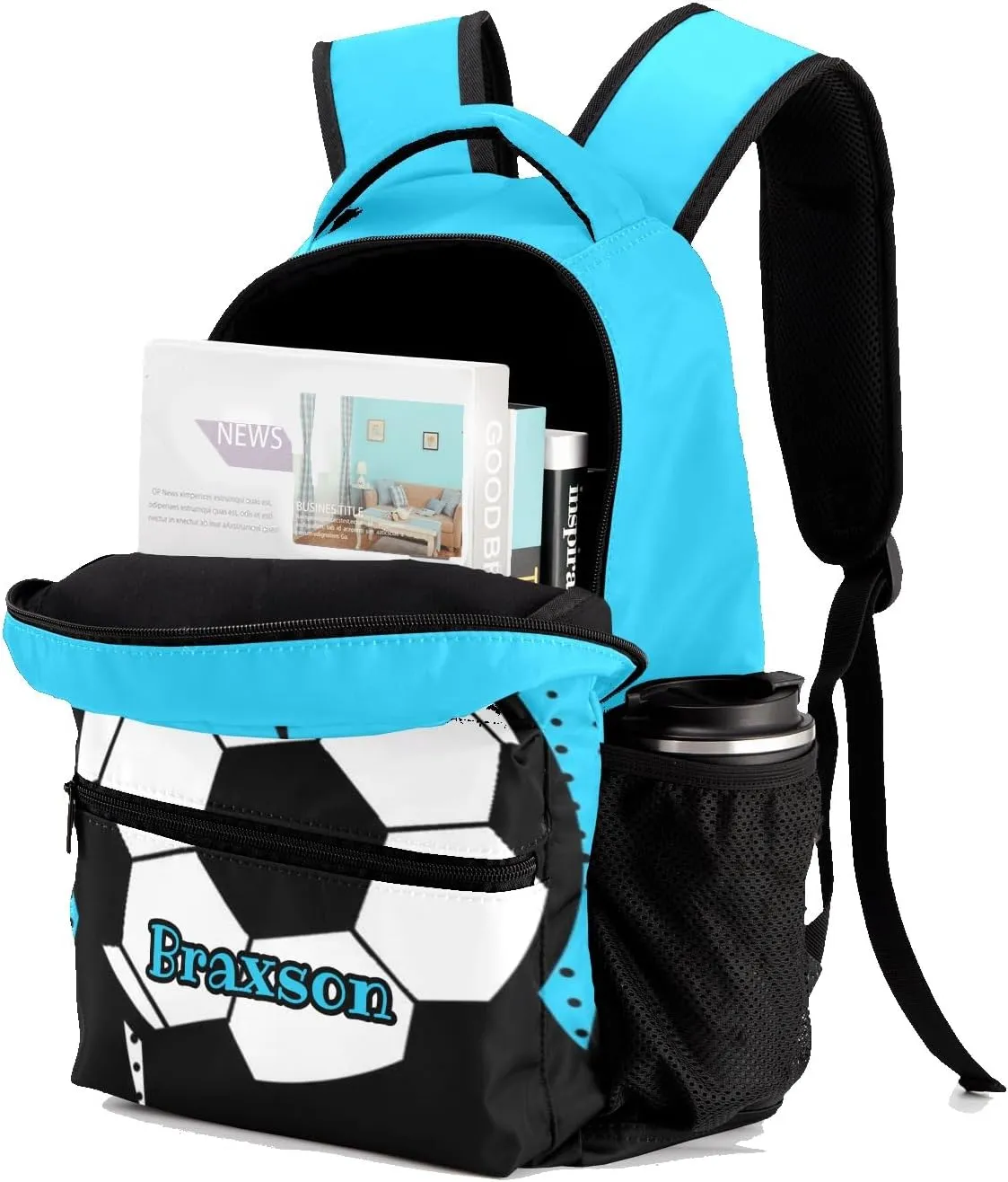 Soccer Watercolor Dots Blue Personalized School Backpack Kids Bookbag Daypack for Teen Boys Girls Travel Backpack Bag 12.2''(L) x 5.9''(W) x 16.5''(H)