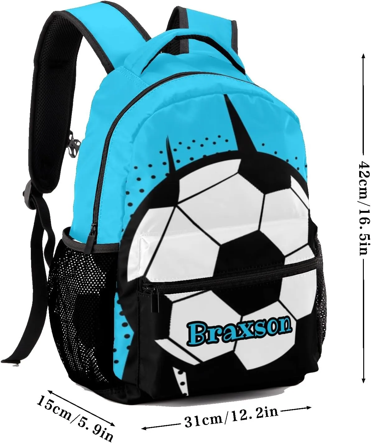 Soccer Watercolor Dots Blue Personalized School Backpack Kids Bookbag Daypack for Teen Boys Girls Travel Backpack Bag 12.2''(L) x 5.9''(W) x 16.5''(H)