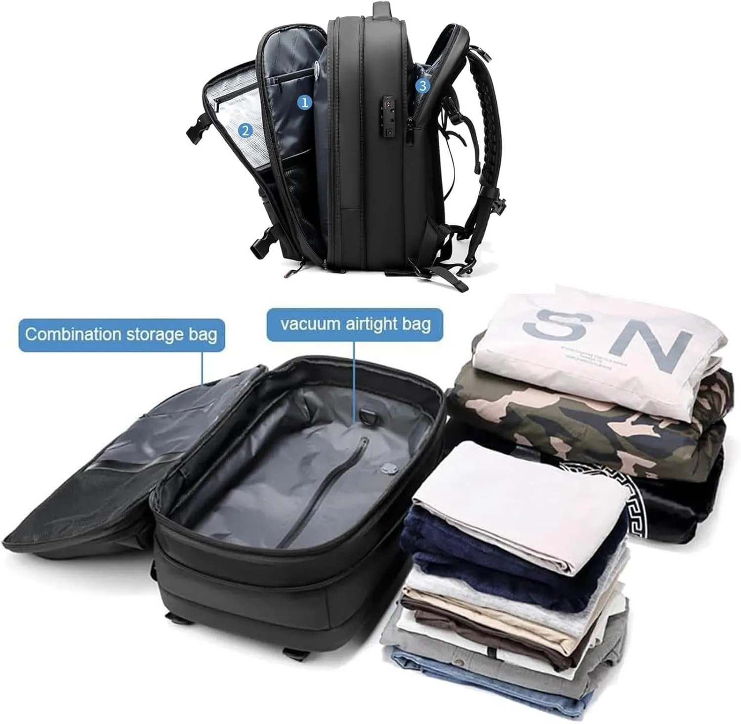 Spacevac Backpack, Vacpack Backpack with Vacuum, 60L Expandable Easy Vac Travel Bag with Pump, Waterproof & Anti-Theft (Blue, Without vacuum pump)