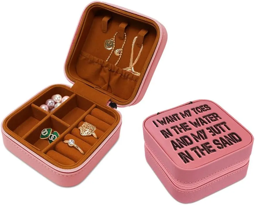 Speedy Pros Engraved Leather Jewelry Box I Want My Toes and My Butt in The Sand Nature Ocean & Beach Travel Earring Case for Women Soft Pink