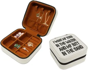 Speedy Pros Engraved Leather Jewelry Box I Want My Toes and My Butt in The Sand Nature Ocean & Beach Travel Earring Case for Women White