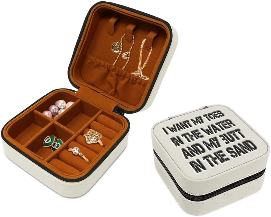 Speedy Pros Engraved Leather Jewelry Box I Want My Toes and My Butt in The Sand Nature Ocean & Beach Travel Earring Case for Women White