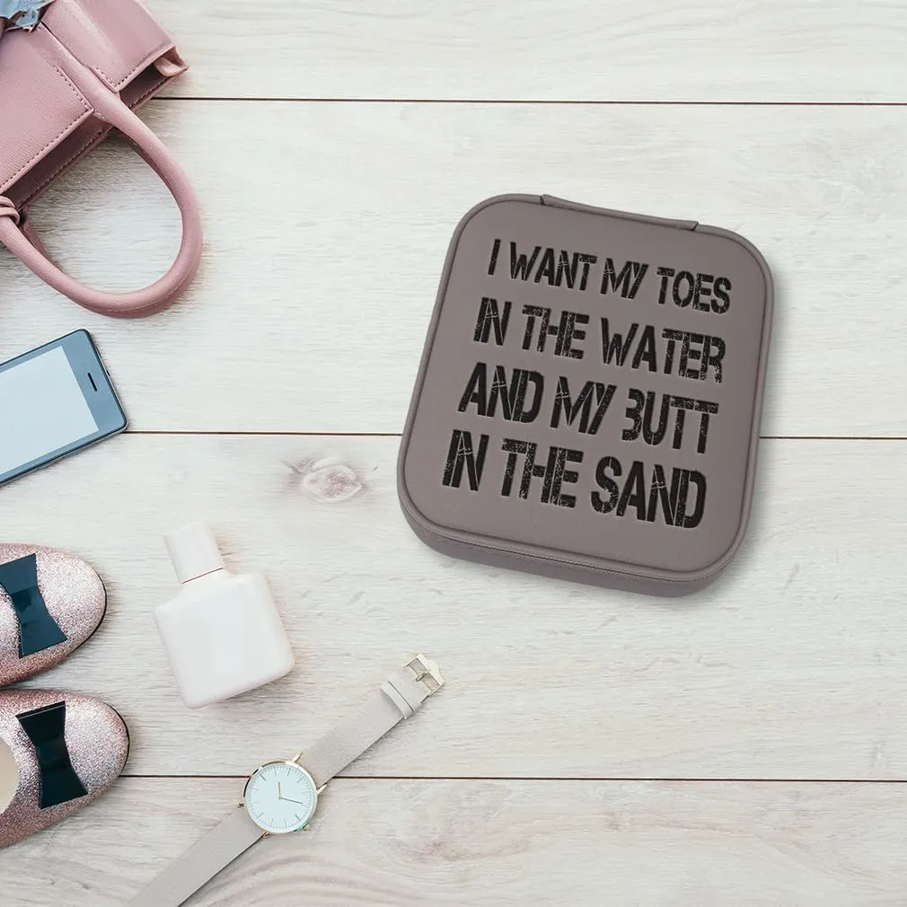 Speedy Pros Engraved Leather Jewelry Box I Want My Toes and My Butt in The Sand Nature Ocean & Beach Travel Earring Case for Women White