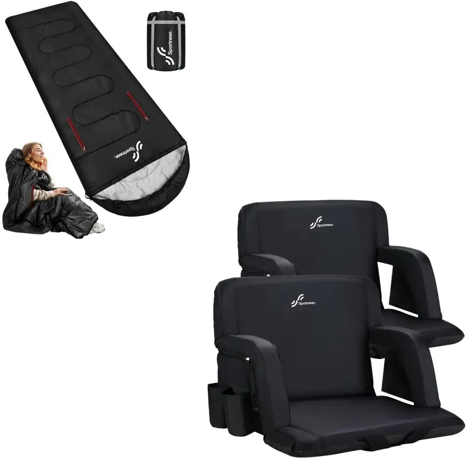 Sportneer Extra Wide Stadium Seats with Back Support & Wearable Sleeping Bag, 2 Pack Bleacher Seats with Back and Cushion and Cold Weather Sleeping Bag with Arm Zipper Holes