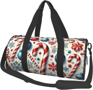 Sports Duffel Bag Blue-Ornaments-Snowflakes-Canes Foldable Travel Tote Bag Weekender Sleepover Carry On Bag