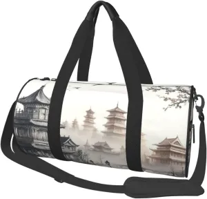 Sports Duffel Bag Traditional-Pagodas-Ink-Wash Foldable Travel Tote Bag Weekender Sleepover Carry On Bag