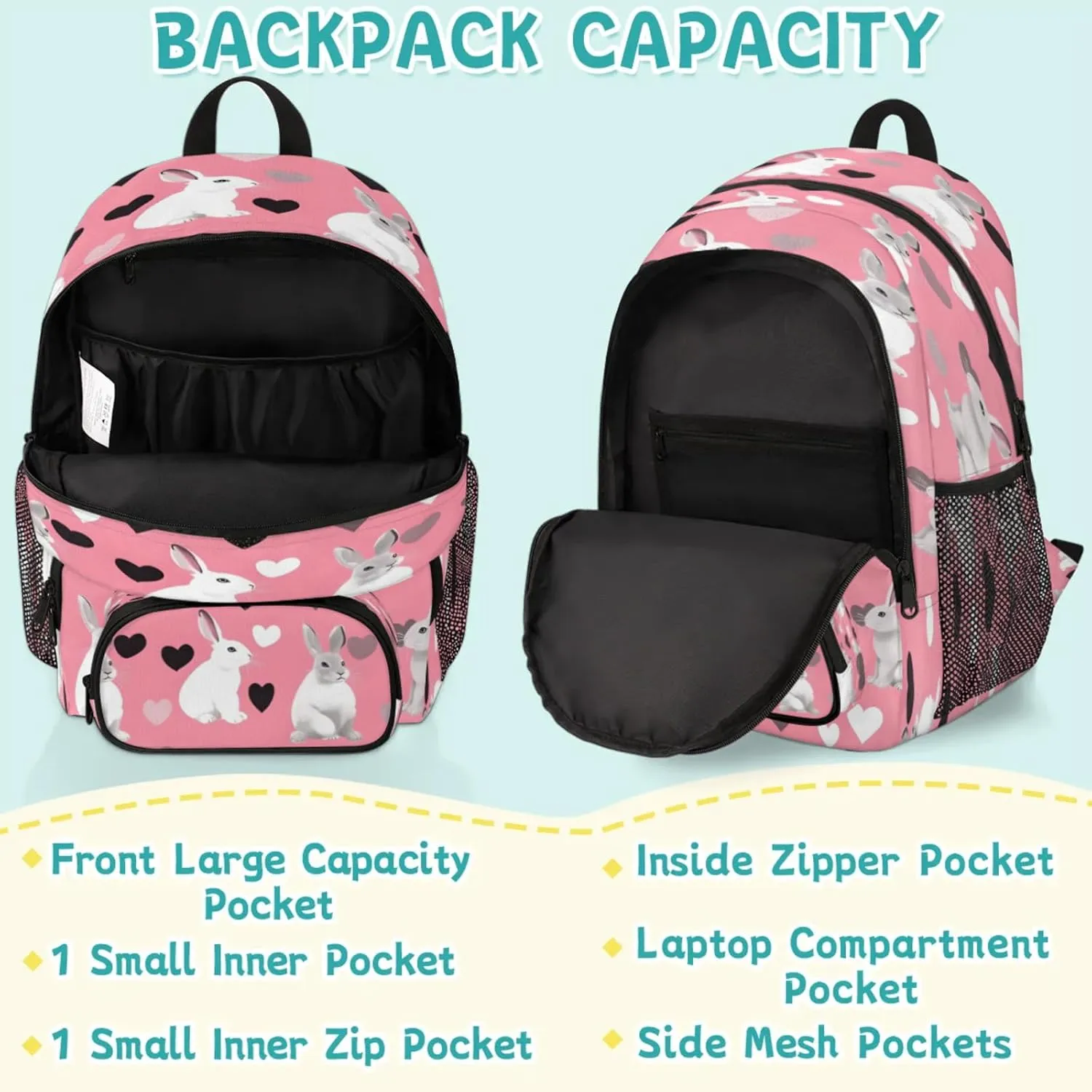 Spring Easter Rabbits Travel Laptop Backpacks for Women Men, Black Love 16.7" Waterproof Back Pack Casual Daypack for Travel