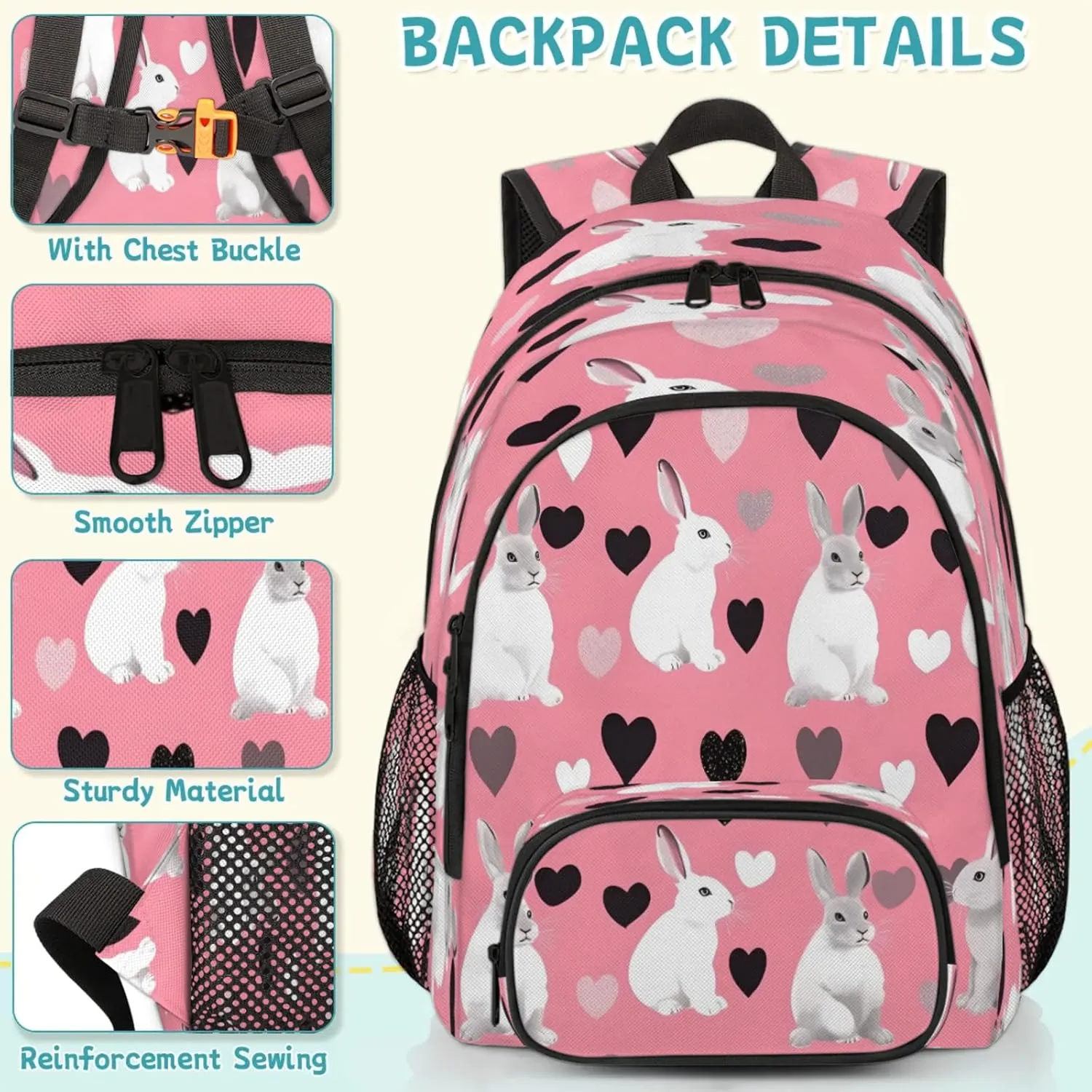 Spring Easter Rabbits Travel Laptop Backpacks for Women Men, Black Love 16.7" Waterproof Back Pack Casual Daypack for Travel
