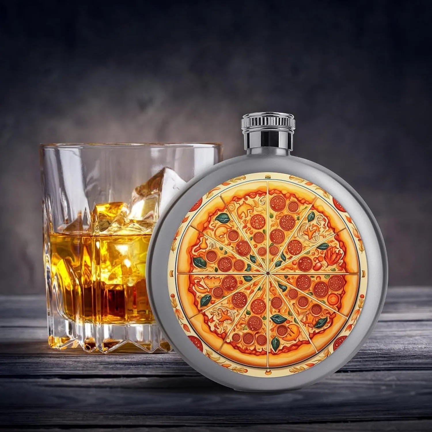 Stainless Steel Flasks for Liquor for Men Women,A Full Pizza Print Round Small Hip Liquor Flask,Portable Cute Funny Wine Whiskey Flask for Gift Camping Outdoor Activitie Wedding Party,5oz