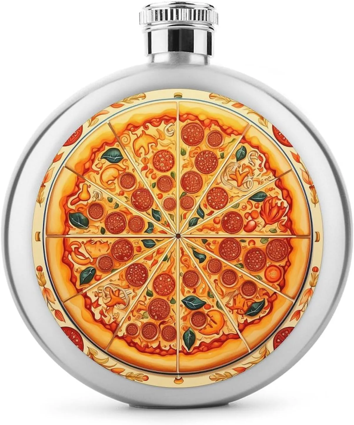 Stainless Steel Flasks for Liquor for Men Women,A Full Pizza Print Round Small Hip Liquor Flask,Portable Cute Funny Wine Whiskey Flask for Gift Camping Outdoor Activitie Wedding Party,5oz