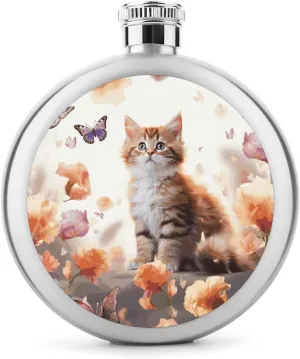Stainless Steel Wine Bottle Liquor Container Cute Kitten Butterfly Print Leak Proof Hip Flask Durable for Camping Hiking Travel Festivals