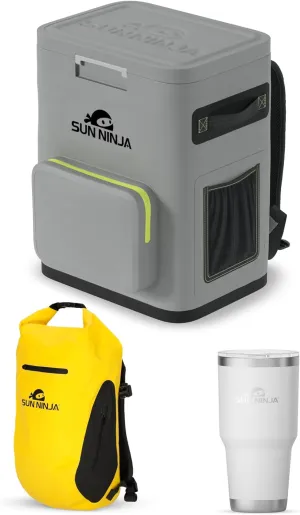 SUN NINJA Cooler Backpack Bundle with Waterproof Roll-Top Dry Bag and 30oz Tumbler, Insulated Leakproof Design Keeps 36 Cans Cold for 48 Hours, Comfortable Padded Straps for Outdoor Adventures