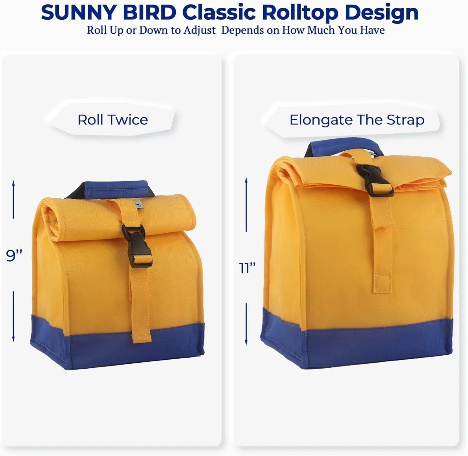 SUNNY BIRD Insulated Lunch Bag Rolltop Lunch Box Tote Lunchbox Bag for Women, Men, Boys and Girls (Yellow)