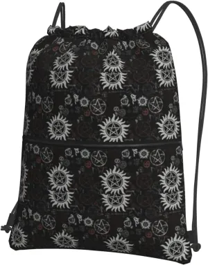 Supernatural Symbols Black Drawstring Backpack Bulk Sackpack Cinch For Hiking Camping, Outdoor Adventure