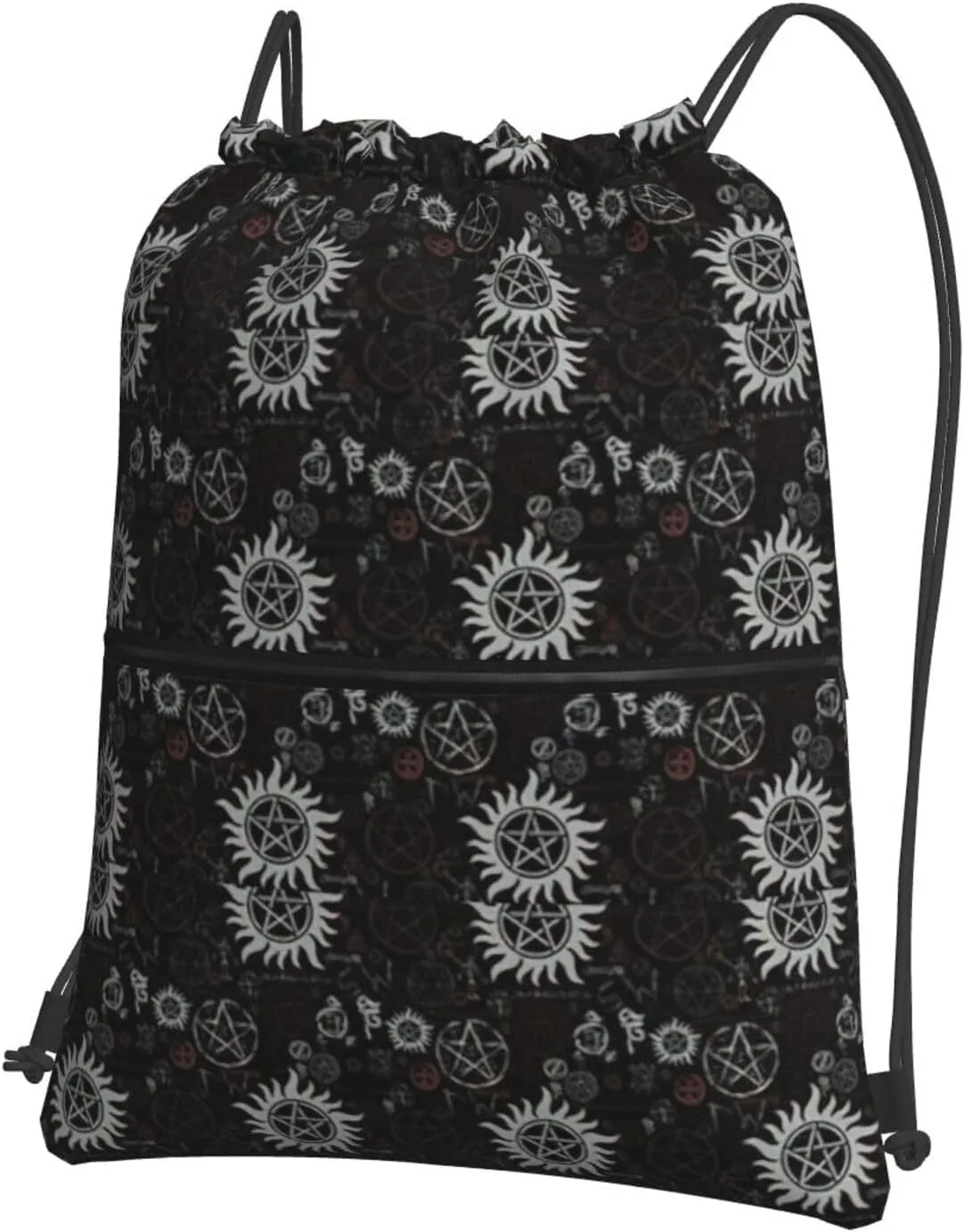 Supernatural Symbols Black Drawstring Backpack Bulk Sackpack Cinch For Hiking Camping, Outdoor Adventure