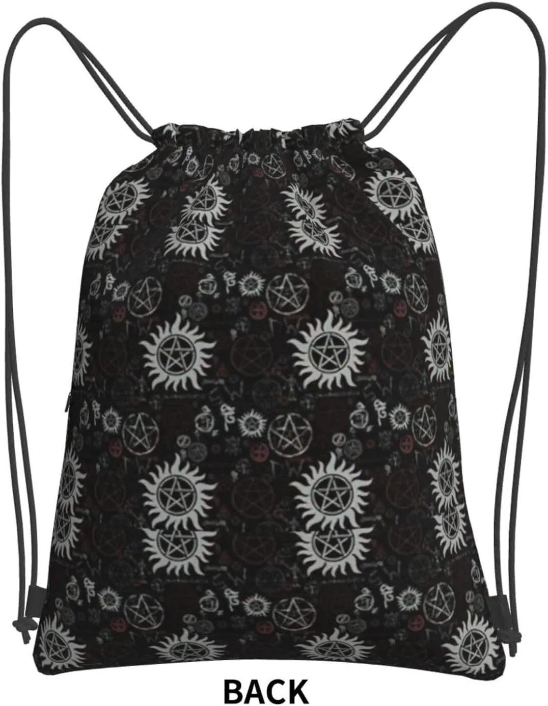 Supernatural Symbols Black Drawstring Backpack Bulk Sackpack Cinch For Hiking Camping, Outdoor Adventure