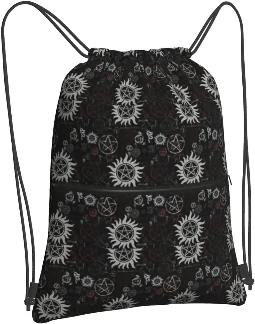 Supernatural Symbols Black Drawstring Backpack Bulk Sackpack Cinch For Hiking Camping, Outdoor Adventure