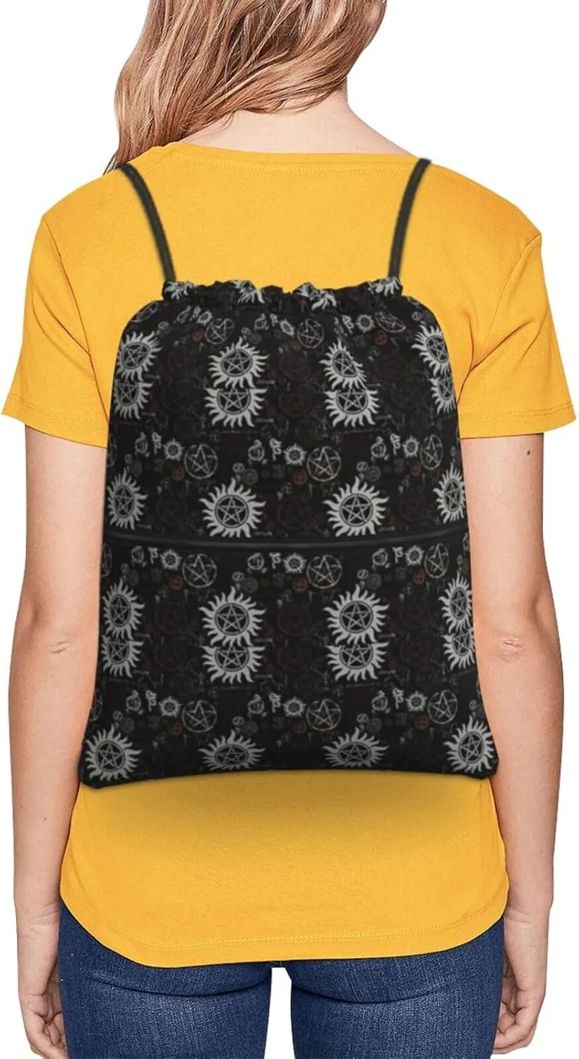 Supernatural Symbols Black Drawstring Backpack Bulk Sackpack Cinch For Hiking Camping, Outdoor Adventure