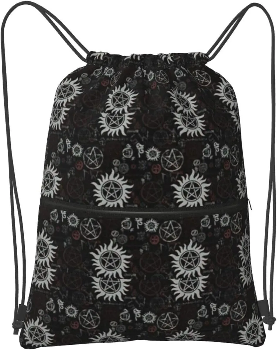 Supernatural Symbols Black Drawstring Backpack Bulk Sackpack Cinch For Hiking Camping, Outdoor Adventure