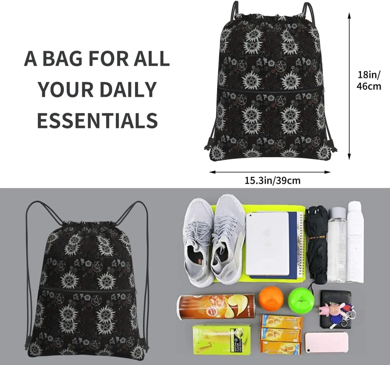 Supernatural Symbols Black Drawstring Backpack Bulk Sackpack Cinch For Hiking Camping, Outdoor Adventure
