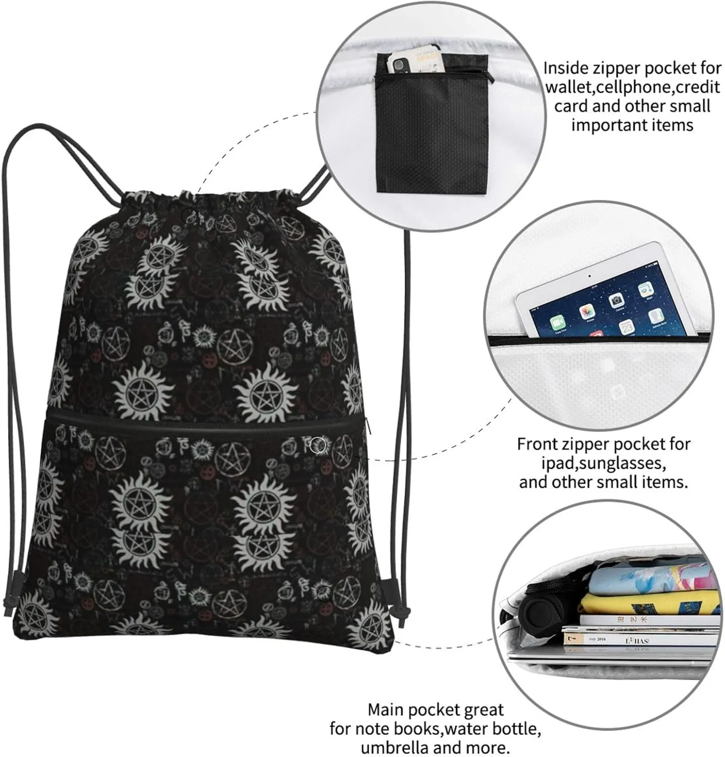 Supernatural Symbols Black Drawstring Backpack Bulk Sackpack Cinch For Hiking Camping, Outdoor Adventure