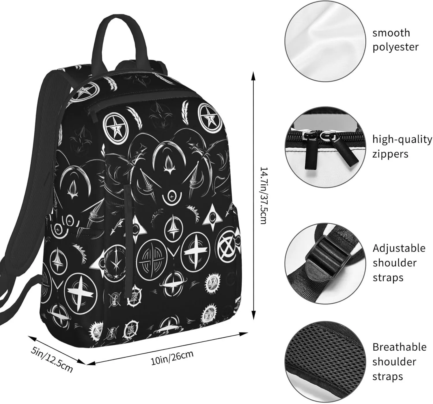 Supernatural Symbols Black Print Lightweight Backpack, Travel Bookbag College Bag,Laptop Backpack For Men Women