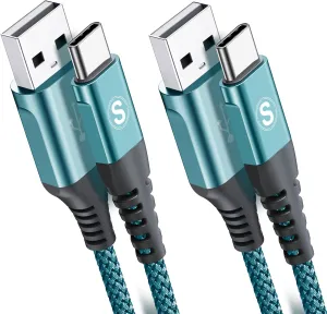 sweguard USB Type C Cable 3.1A Fast Charging [2Pack,6.6ft 6.6ft], USB-A to USB-C Charger Nylon Braided Cord for Samsung Galaxy S21 S20 S10 S9 S8 Plus,Note 20 10 9 8 7,A71 A51 A32,LG,Moto,PS5-Green