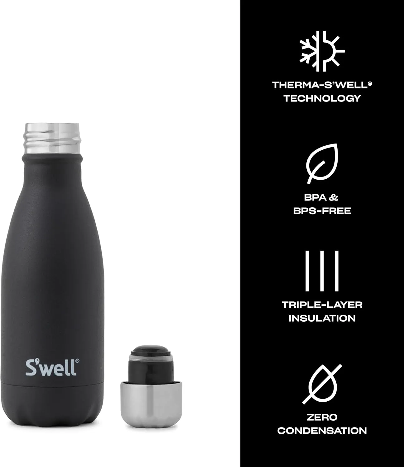 S'well Stainless Steel Water Bottle, 9oz, Onyx, Triple Layered Vacuum Insulated Containers Keeps Drinks Cold for 24 Hours and Hot for 12, BPA Free, Perfect for On the Go
