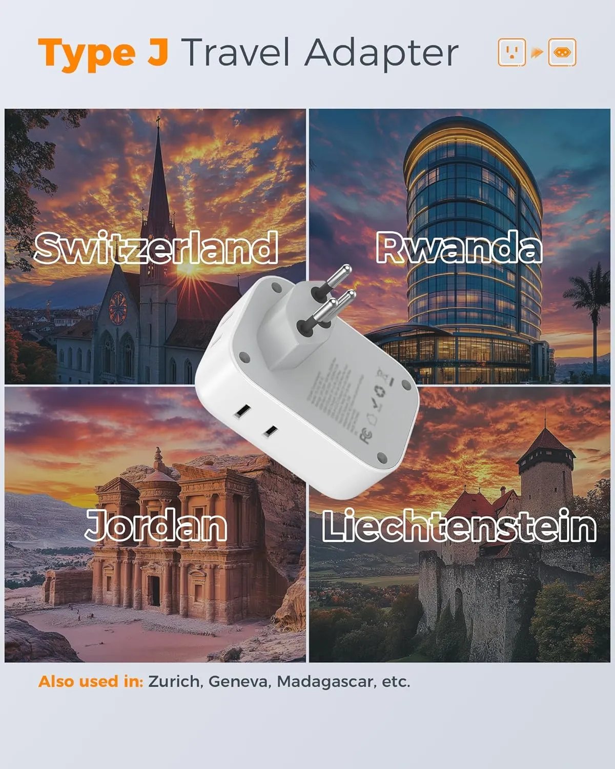 Switzerland Travel Plug Adapter 2 Pack, TESSAN Type J Switzerland power adapter with 4 Outlets 3 USB (2 USB-C), Swiss Plug for US to Rwanda Jordan Liechtenstein Madagascar, Travel Essentials