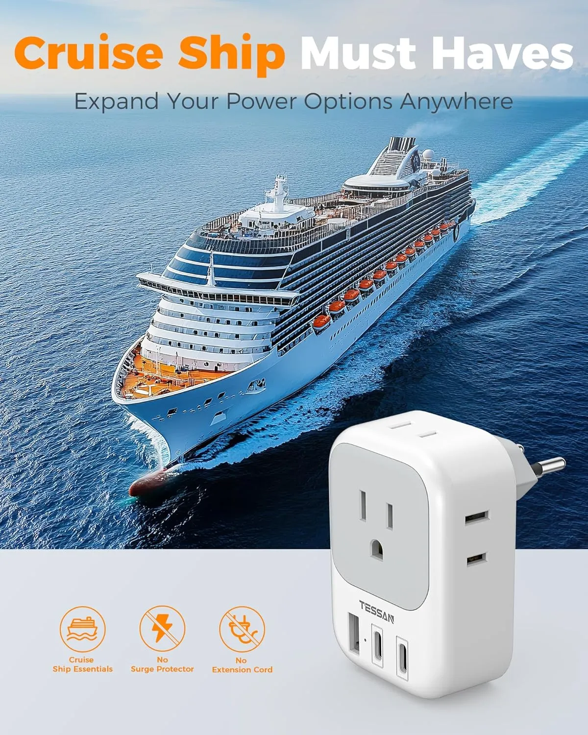 Switzerland Travel Plug Adapter 2 Pack, TESSAN Type J Switzerland power adapter with 4 Outlets 3 USB (2 USB-C), Swiss Plug for US to Rwanda Jordan Liechtenstein Madagascar, Travel Essentials