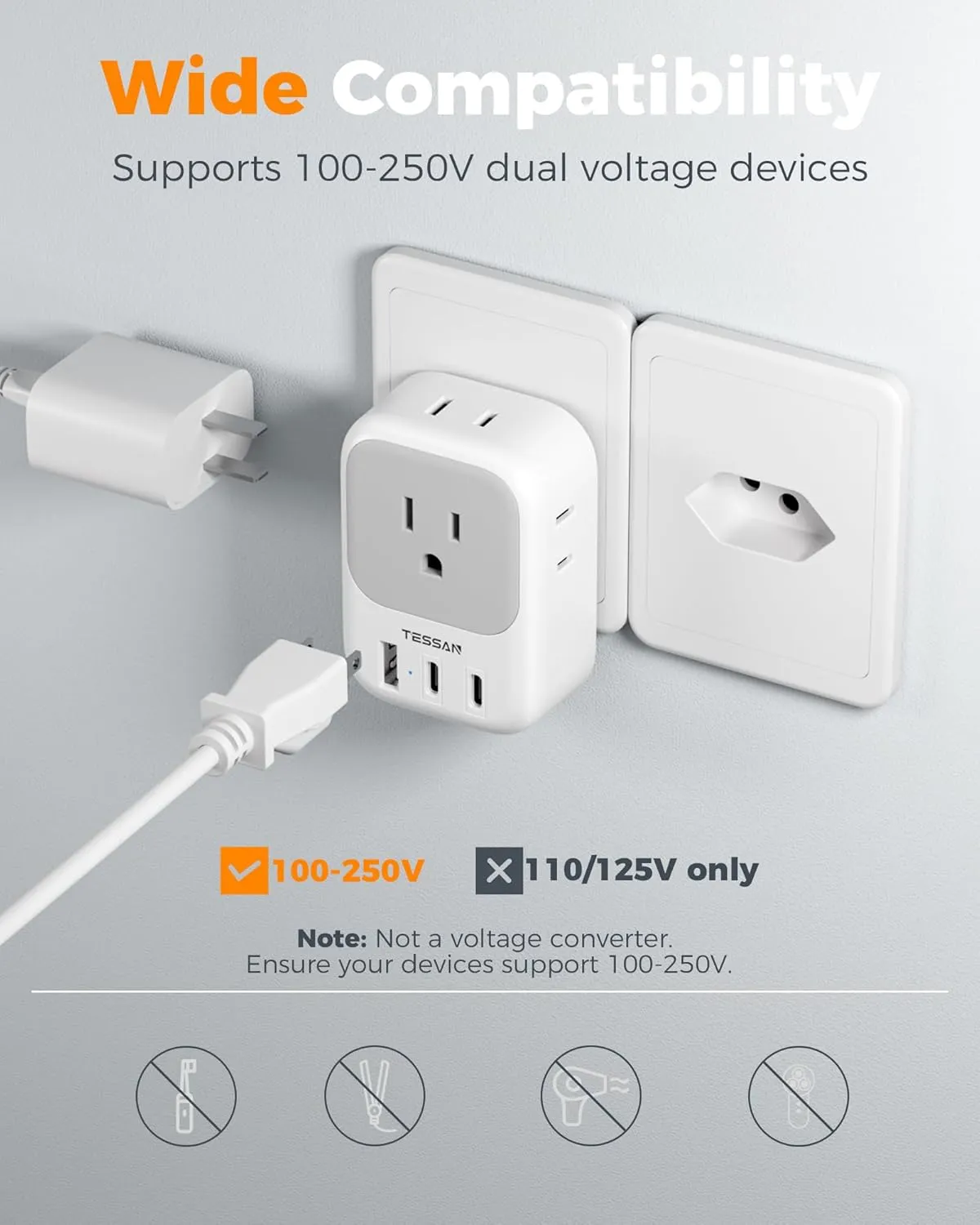 Switzerland Travel Plug Adapter 2 Pack, TESSAN Type J Switzerland power adapter with 4 Outlets 3 USB (2 USB-C), Swiss Plug for US to Rwanda Jordan Liechtenstein Madagascar, Travel Essentials