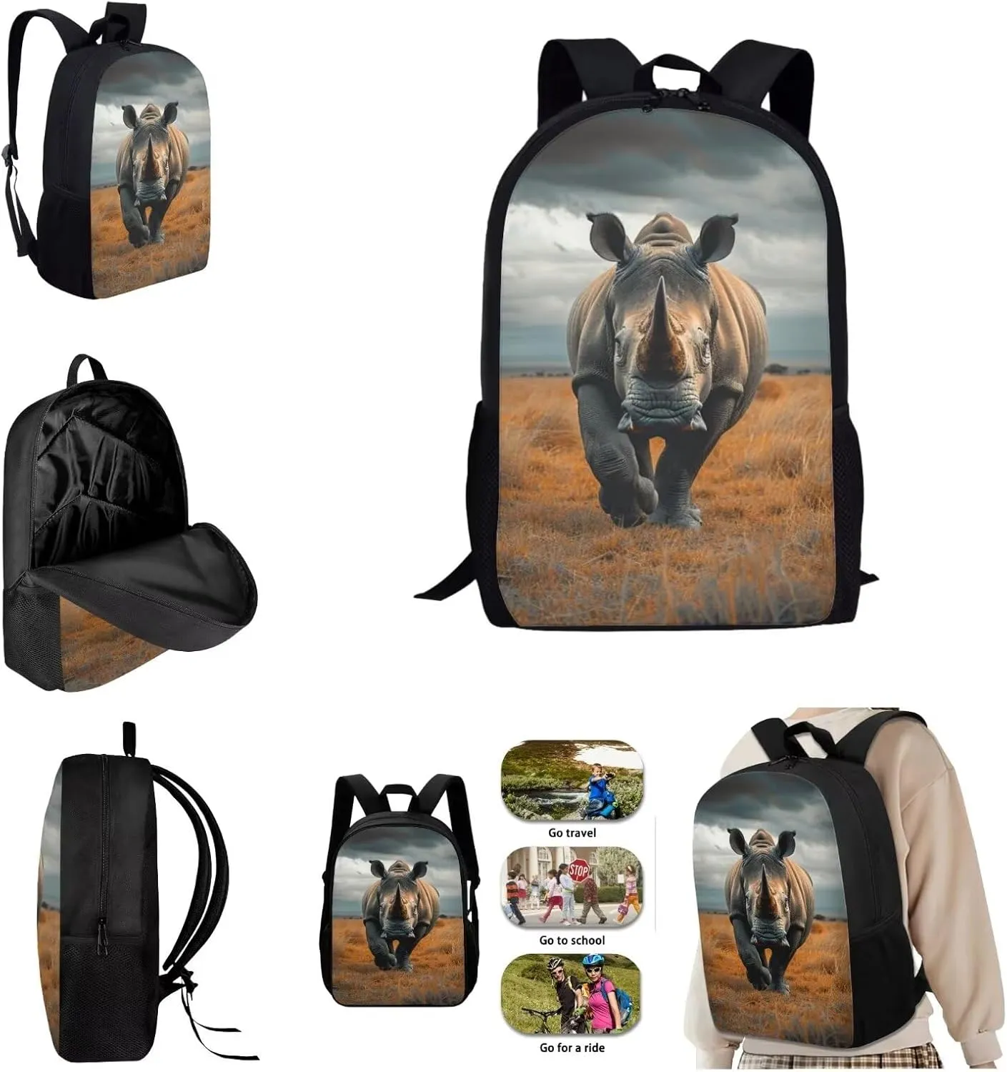 SYtrade Rhino Grassland Travel Backpack Girls Boys School Bookbag Kawaii Hiking Gym Backpack 17 Inch