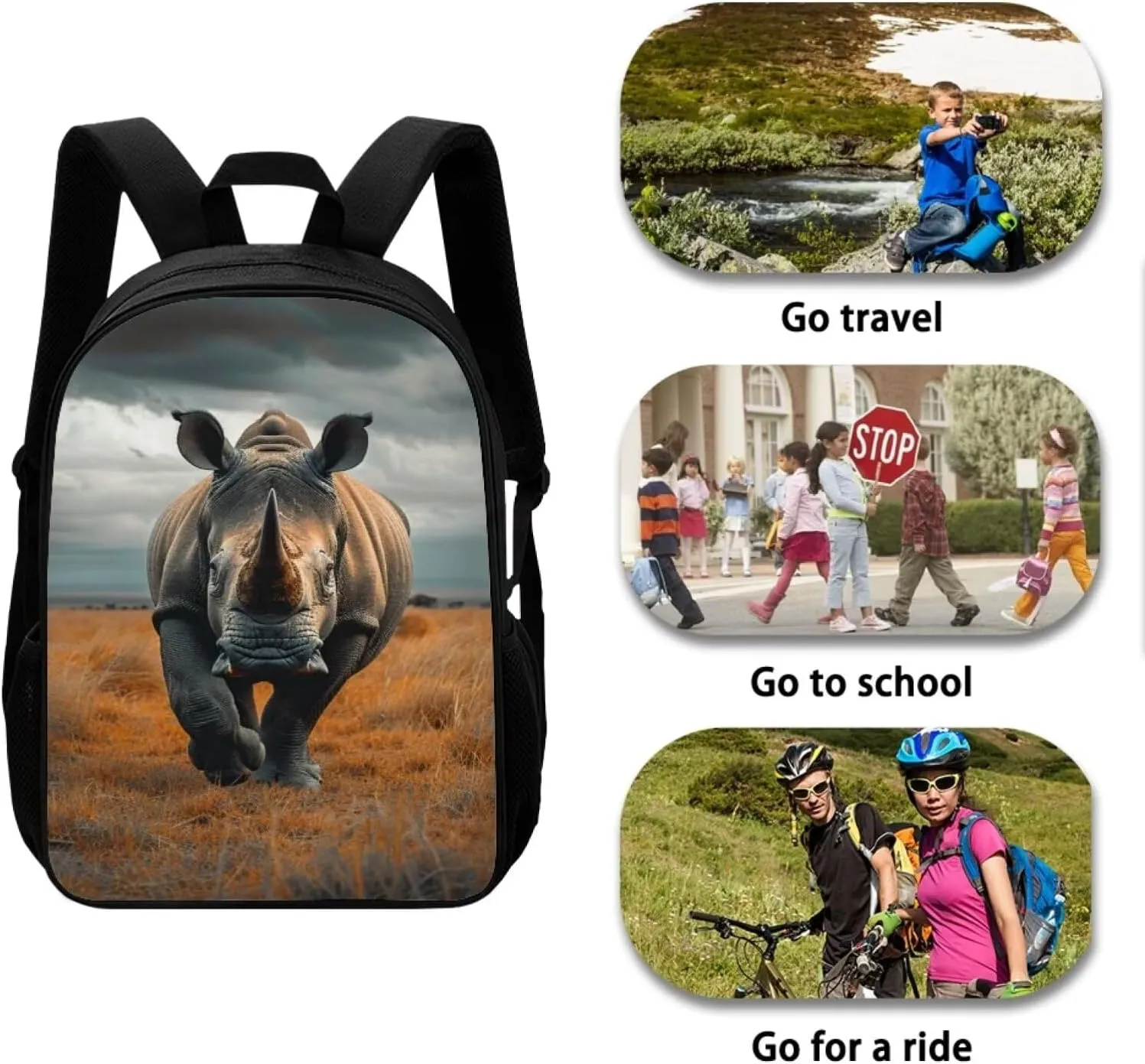 SYtrade Rhino Grassland Travel Backpack Girls Boys School Bookbag Kawaii Hiking Gym Backpack 17 Inch