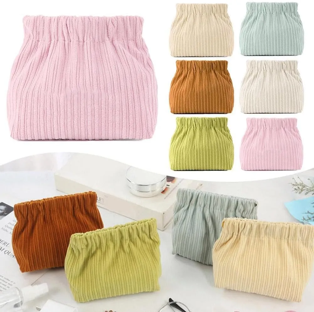 SZELL Pocket Cosmetic Bag Corduroy Elastic Self-Closing Pouches Waterproof Coin Purse for Makeup Lipstick Earphones Jewelry Organizer (Apricot)