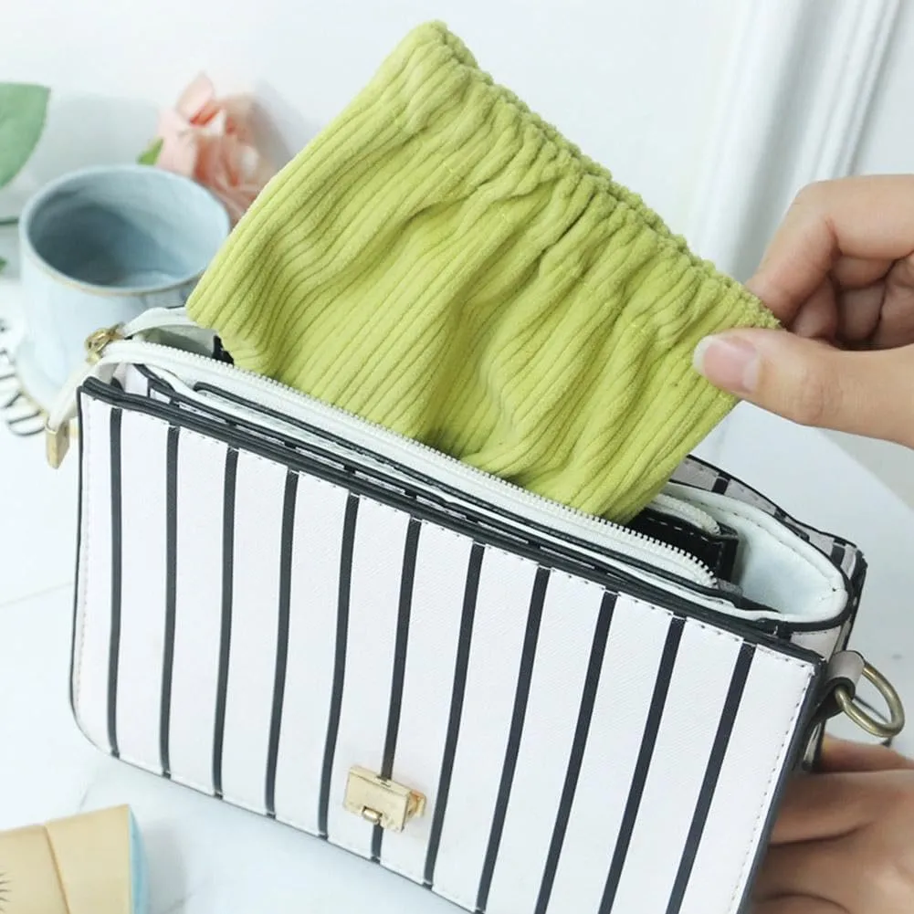 SZELL Pocket Cosmetic Bag Corduroy Elastic Self-Closing Pouches Waterproof Coin Purse for Makeup Lipstick Earphones Jewelry Organizer (Beige)