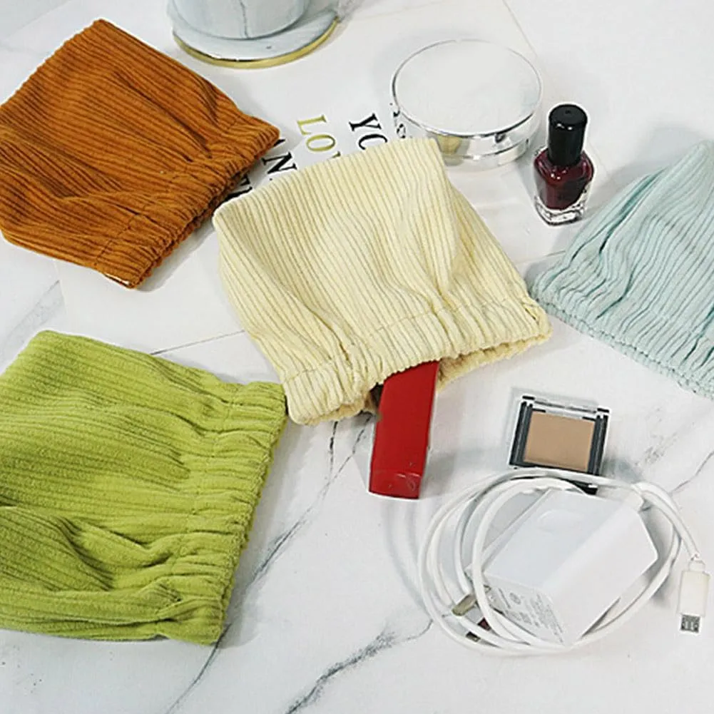 SZELL Pocket Cosmetic Bag Corduroy Elastic Self-Closing Pouches Waterproof Coin Purse for Makeup Lipstick Earphones Jewelry Organizer (Beige)